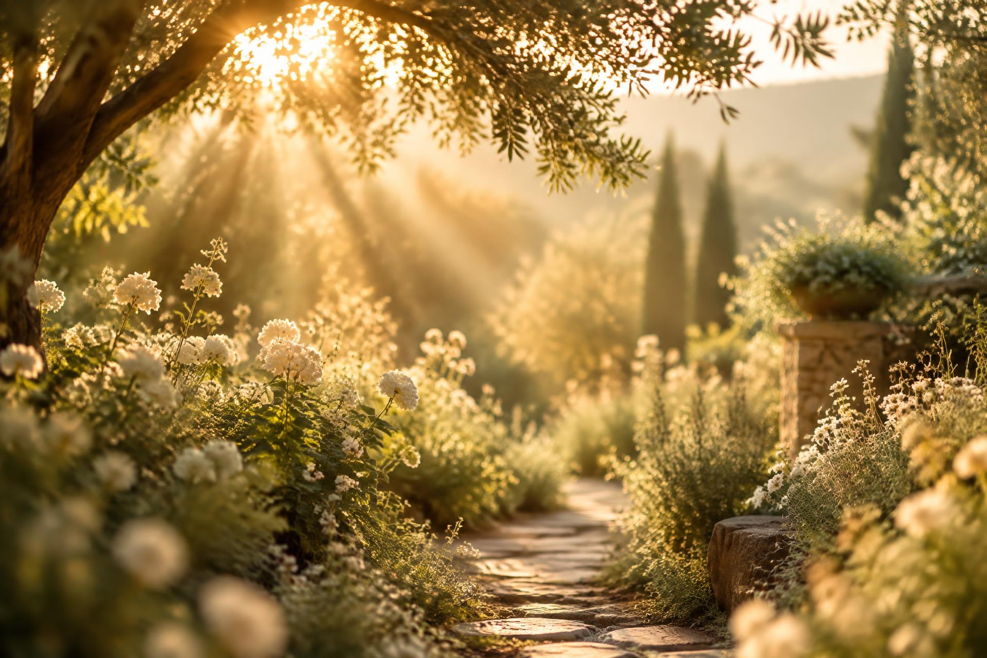 Sendero de jardín bañado en luz cálida del atardecer
